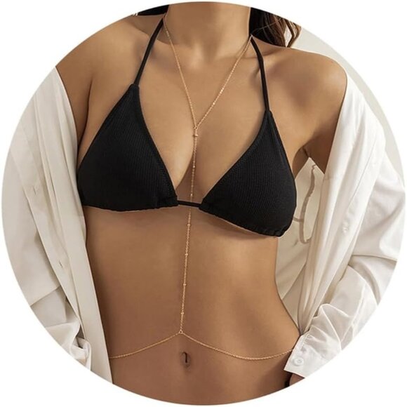 14K Beads Gold Plated Body Chain Women Layered Rhinestone Bikini Bra Jewelry - Picture 1 of 7